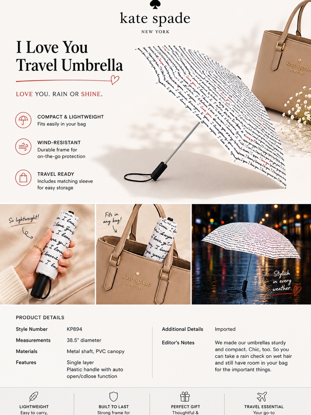 Kate Spade I Love You Travel Umbrella NWT